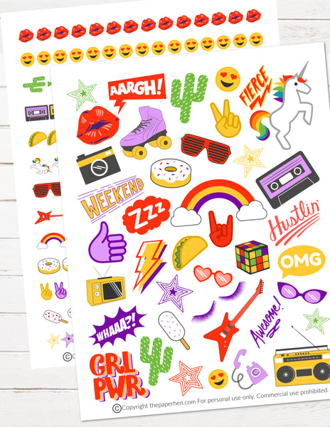 retro 80s 90s printable planner stickers throwback
