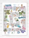 Printable Planner Stickers Watercolor Summer Beach Girls Surfing