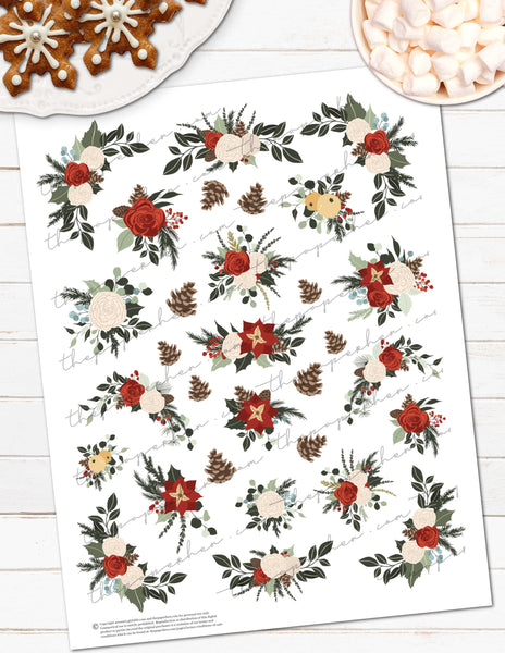 Printable Christmas Floral Flowers Poinsettia Planner Stickers