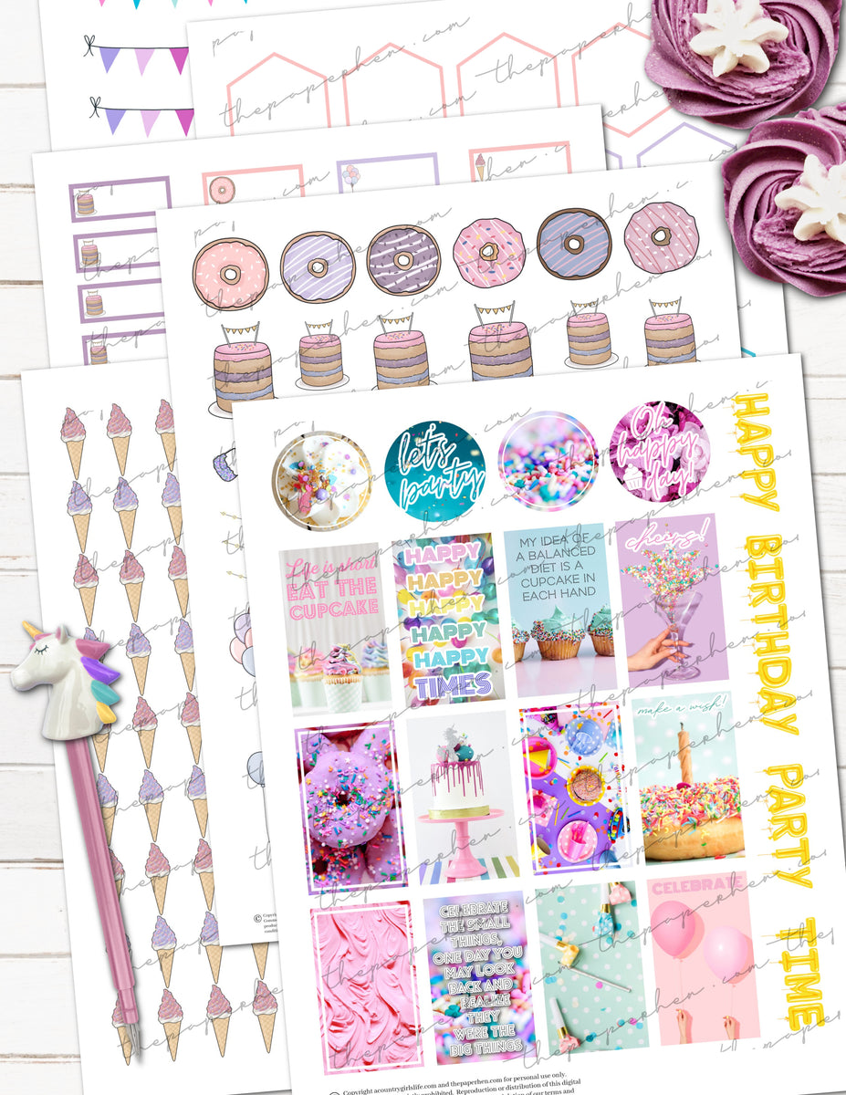 Pastel Birthday Planner Stickers,printable Planner Stickers,ec Planner  Sticker Kit,cupcake Stickers,happy Birthday Kit, Party Stickers 