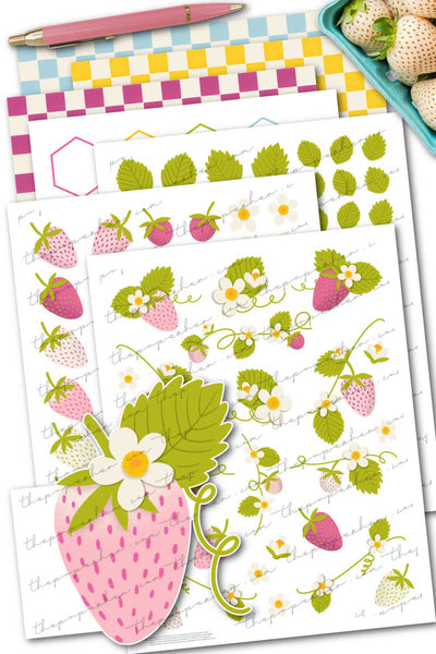 Strawberry Planner Stickers Printable & Digital Papers
