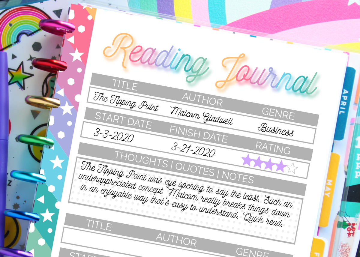 Reading Journal Folder Printable Reading Journal or Log + Bookshelf Planner Binder Insert or ...