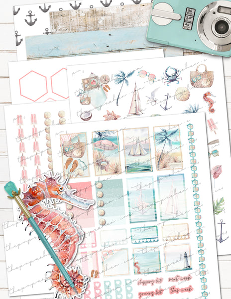 Beach Tropical Watercolor Printable Planner Sticker Kit