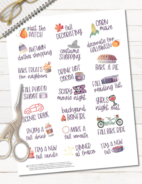 Printable Fall Bucket List Planner Stickers for Planner Decorating