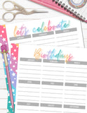 printable birthday calendar tracker planner for anniversaries weddings events parties milestones