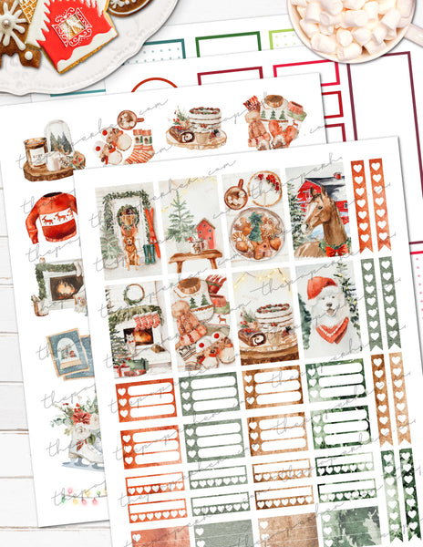 Printable Christmas Holiday Planner Stickers Watercolor Farmhouse Hygge