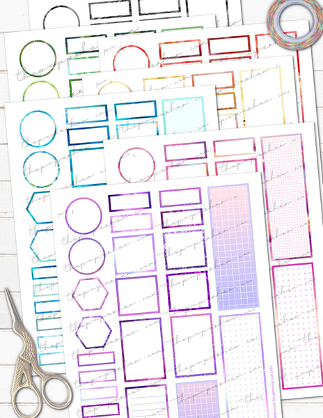 Printable Functional Planner Stickers Colorful Boxes Watercolor & Solid 