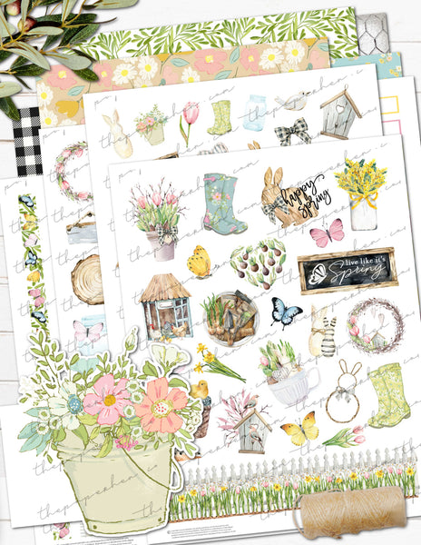 Farmhouse Spring Garden Floral Watercolor Printable Planner Sticker Kit