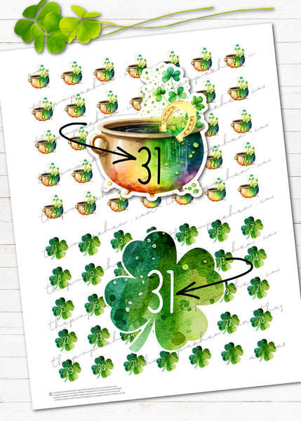 Printable St Patrick's Day Redate Planner Stickers pot of gold shamrocks download