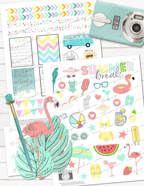 Summer Vacation and Beach Themed Printable Planner Stickers or Tattoos
